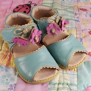 Livie & Luca Teal Leather Sandals with Suede Flower Details Size 9 Merry Bells
